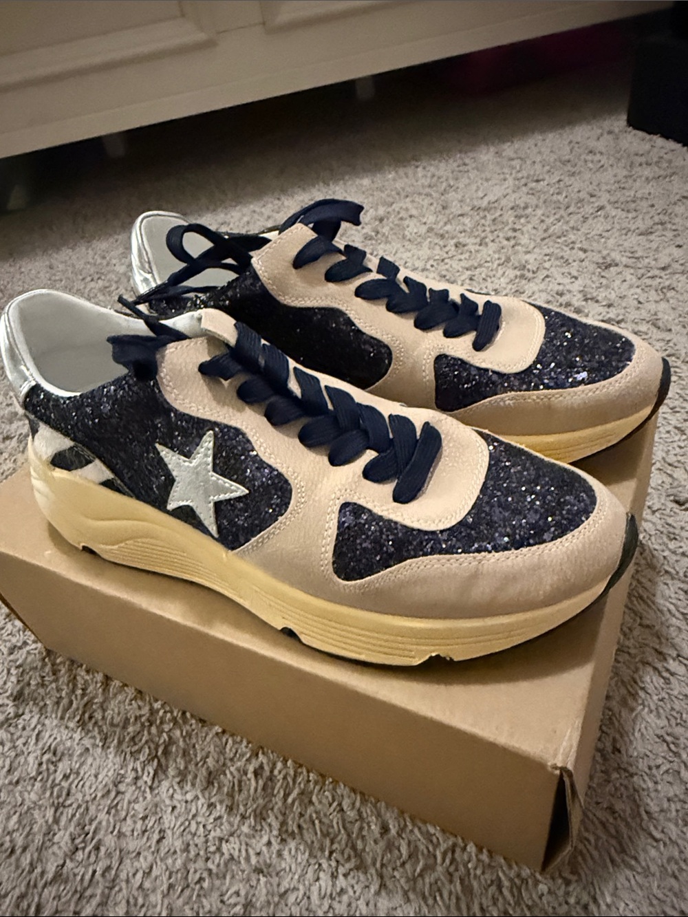 Beige and Navy Glitter Accent Sneakers - Picture 2 of 6